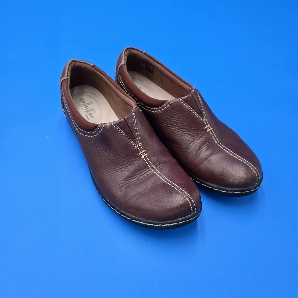 Clarks Collection Brown Leather Slip On Loafers Contrast Stitching Womens 8 N